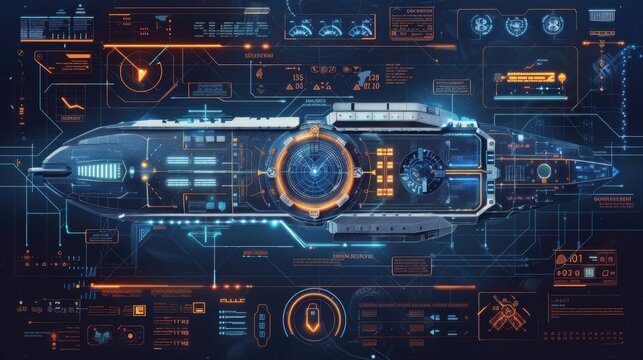 Futuristic spaceship interface with various high-tech elements, digital displays, and holographic data. Perfect for sci-fi and technology themes.