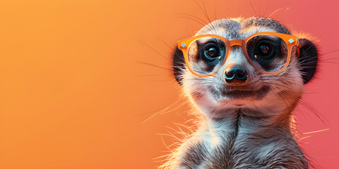 A meerkat with glasses on a peach color gradient background, featuring a humorous and fashionable style. Perfect for banners, flyers, posters, and cards with ample copy space.