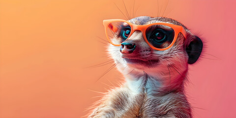 A meerkat wearing orange glasses on a peach color gradient background. Fashionable and humorous. Ideal for banners, flyers, posters, or cards with copy space.