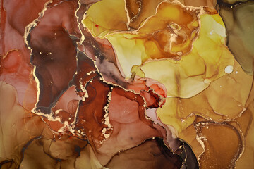 Natural  luxury abstract fluid art painting in alcohol ink technique. Tender and dreamy  wallpaper. Mixture of colors creating transparent waves and golden swirls. For posters, other printed materials
