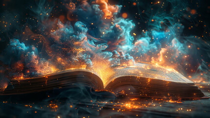 an ancient tome on a table with magic creatures and items leaping up from the page.generative ai