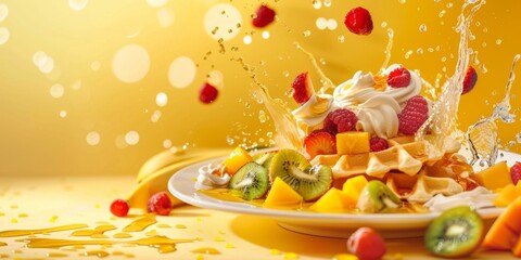 Obraz premium Delicious Creamy Maple Honey Syrup Waffles Dessert with Mango, Kiwi, Raspberry, Strawberry, and Banana Fruits Splashing on Sunny Yellow Background, Perfect for Afternoon Tea, Party, Summer Dessert, Hi
