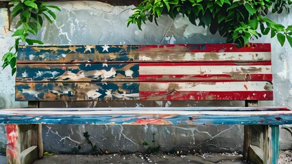 Weathered bench painted like American flag, under green vines - Powered by Adobe