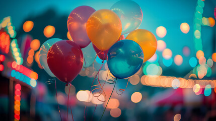 Colorful Balloons at a Funfair Event with Bokeh Lights in the Background