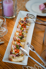 Healthy luxury snack catering on a party. Fine dish in restaurant.