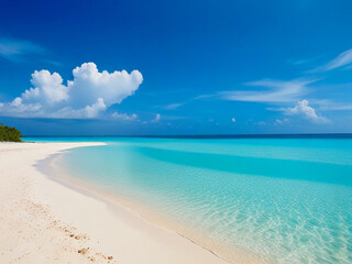 Obraz premium Beautiful sandy beach with rolling calm waves of white sand and turquoise ocean on sunny day against background of white clouds in blue sky. Maldives island