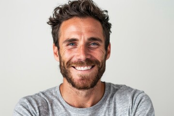 Obraz premium Portrait of a satisfied man in his 30s smiling at the camera in front of white background