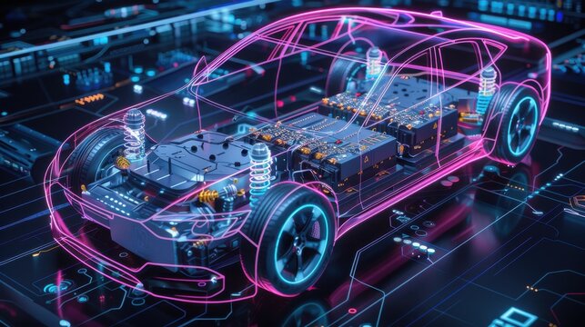 Futuristic transparent electric car model showcasing internal components and advanced technology on a holographic interface.