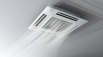 Ceiling-Mounted Air Conditioning Unit with Cool Air Streams on White Background