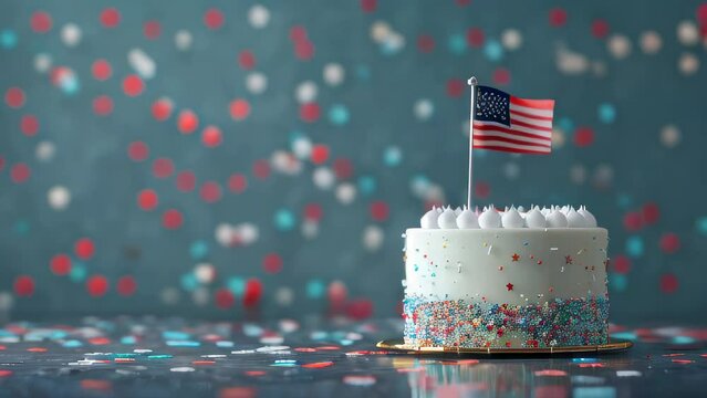White iced cake with sprinkles and American flag against dotted background