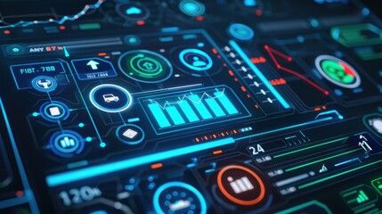 High-tech dashboard interface with futuristic data visualization, graphs, and digital elements illuminated in blue and green hues.