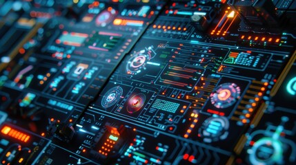 High-tech digital interface with futuristic design, glowing holographic elements, perfect for technology and innovation concepts.
