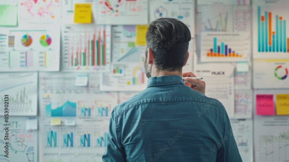 Aufkleber a strategist planning marketing campaigns, with a whiteboard filled with demographic bar graphs and 