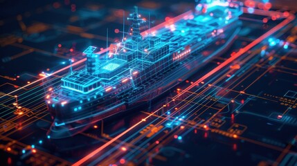 Obraz premium High-tech futuristic ship simulation with digital holographic interface, showcasing advanced technology in maritime navigation.