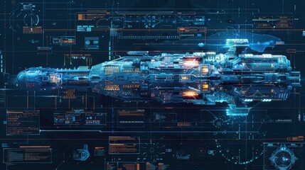 High-tech futuristic spaceship interface with intricate design and advanced technology, featuring digital schematics and holographic elements.