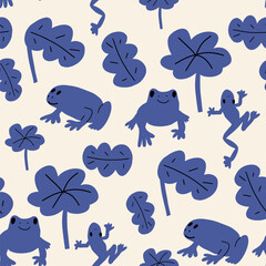 Cute frogs seamless pattern. Cute kawaii animal character. Vector background. Kids print