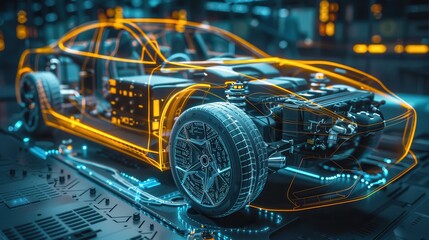 Fototapeta premium High-tech representation of a futuristic concept car with transparent outer body, showcasing internal components and advanced technology.