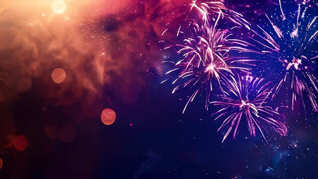 Colorful fireworks exploding in night sky over smoky background