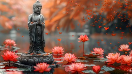Buddha Statue in a Pond of Lotus Flowers