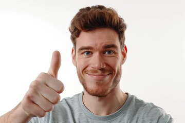 Fototapeta premium Portrait of a content man in his 30s showing a thumb up in white background