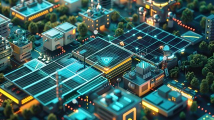 Obraz premium Miniature city model showcasing futuristic buildings with illuminated solar panels and green rooftops, emphasizing sustainable development.