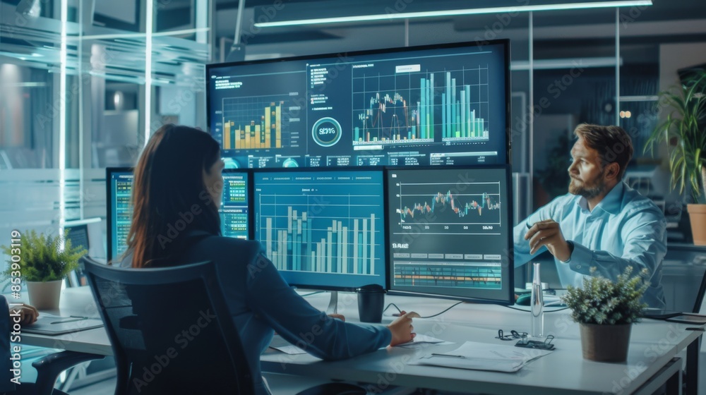 Poster A team of accountants reviewing balance sheets and income statements with graphs and charts on a large monitor.