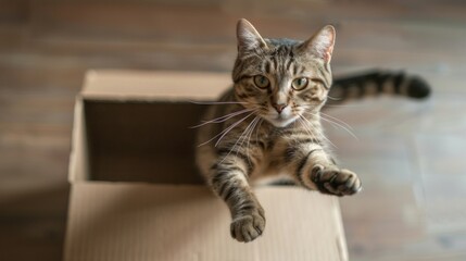 A tabby cat leaping into a cardboard box from above, mid-air with ears flattened back in excitement.