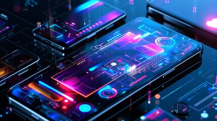 Obraz premium A technology infographic detailing the features and benefits of a new smartphone model with specifications and comparisons.