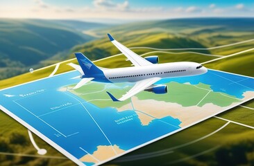 illustration of a plane and map, tourism and travel concept
