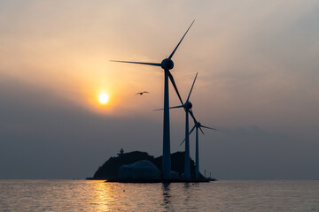 View of the wind turbines and flying seagulls during sunset on the sea