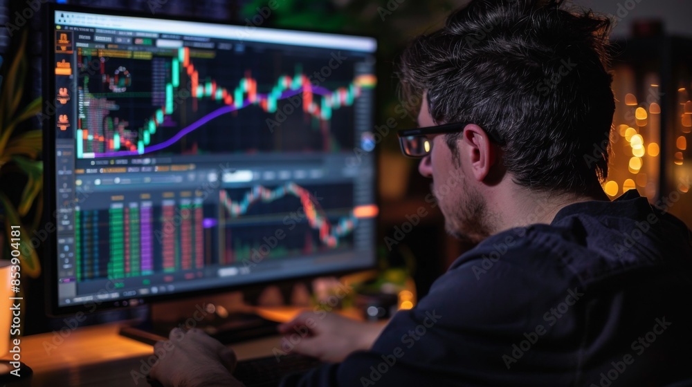 Poster A trader monitoring cryptocurrency market trends on a computer screen, with candlestick charts and trading volume graphs.