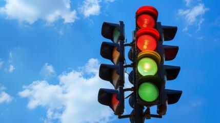 A traffic light pole with multiple lights indicating different directions against a blue sky backdrop.
