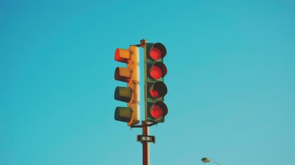 A traffic light pole with multiple lights indicating different directions against a blue sky backdrop.