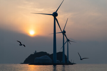 View of the wind turbines and flying seagulls during sunset on the sea