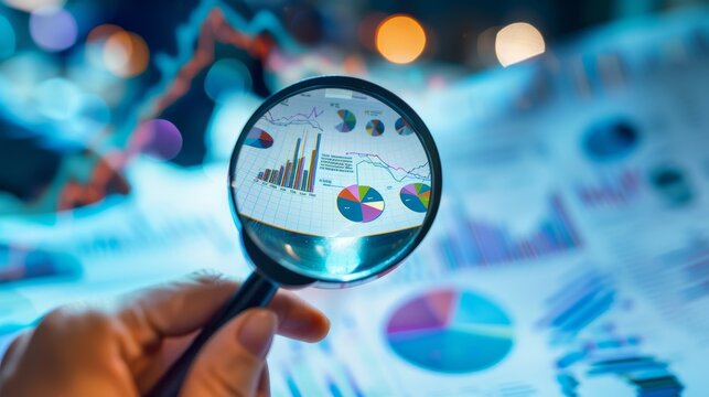 A hand holding a magnifying glass over a plan with charts and graphs, symbolizing the analysis involved in starting a business