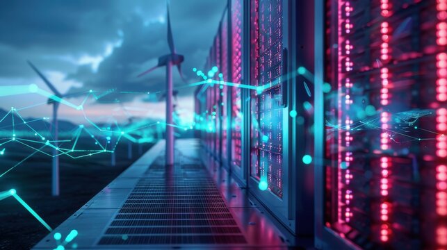 Modern wind turbines generating green energy alongside advanced data servers in a futuristic digital landscape. - Powered by Adobe