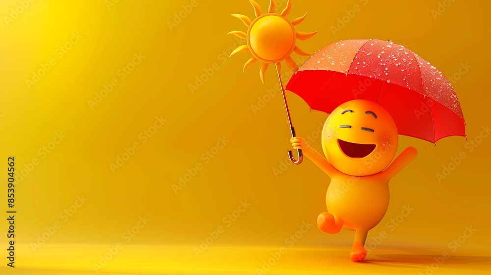 Leinwandbilder a 3d rendering of a happy sun emoji holding a red umbrella with water droplets. the background is a 