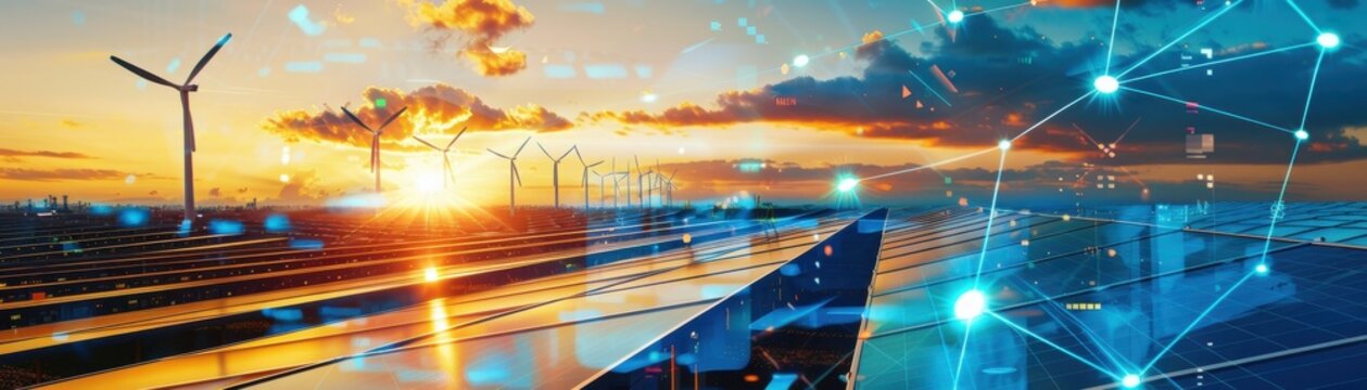 Renewable energy concept with wind turbines, solar panels, and digital network at sunset showing clean energy future advancements.