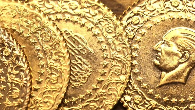 Republic Gold. 22 carat gold coin with different sizes and weights, minted by the General Directorate of Mint and Stamp Printing. Money and gold tucked away under a pillow during financial crisis
