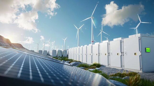 Renewable energy site with solar panels, wind turbines, and battery storage units under a blue sky with clouds. Sustainable energy solution.