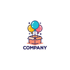 Logo design of colorful party balloons with a box underneath. 