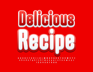 Vector creative logo Delicious Recipe. Bright White and Red Font. Artistic Alphabet Letters and Numbers.