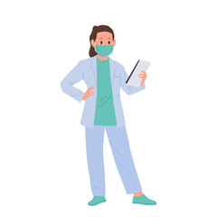 Female kid doctor cartoon medic character in protective facial mask and uniform isolated on white