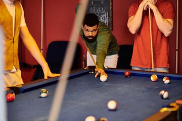 Fototapeta premium A group of friends enjoy a game of billiards, showcasing their casual style and playful spirit.