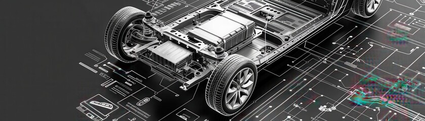 Technical blueprint of an electric vehicle chassis showcasing components and engineering details for automotive design and innovation.