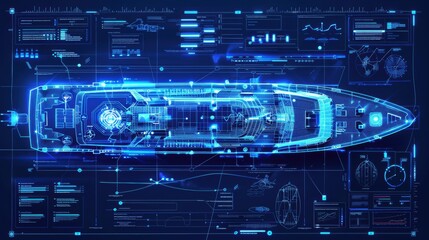 Obraz premium Top view of digital yacht design blueprint featuring high-tech details and sophisticated layout in a futuristic style.