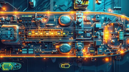 Top view of a futuristic tech ship with intricate circuits and glowing lights, capturing the essence of advanced technology and innovation.