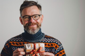 Portrait of a glad man in his 40s holding a gift isolated on white background