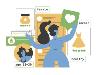 A woman browsing beauty products and dresses online, showing targeted advertising based on data like age, gender, and income. Illustrates digital marketing and personalized ads. Vector illustration.