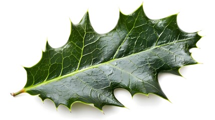 Naklejka premium Glossy Holly Leaf with Sharp Points on Isolated White Background